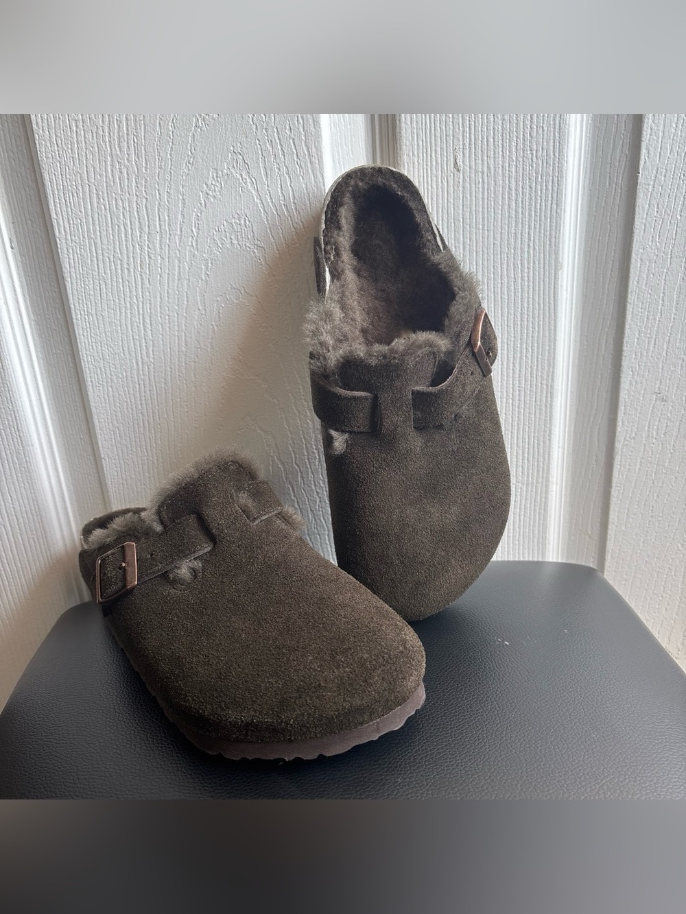 Birkenstock Boston Shearling Suede Leather Clogs Mocha Size 37 US 6/6.5